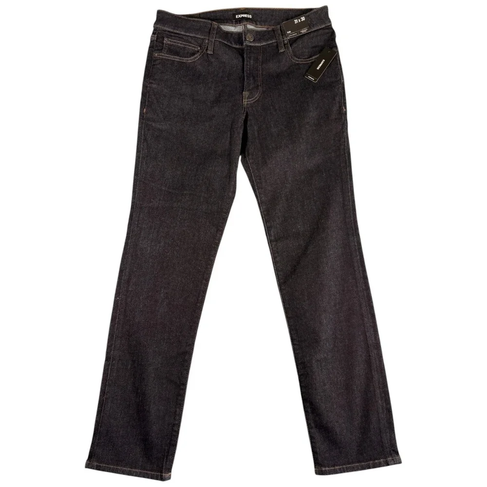 Express Jeans Mens 31x30 Black Denim Dark Wash Hyper Stretch Slim Straight Leg